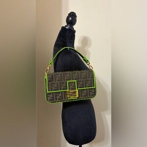 Fashion Brown Mono Baguette With Neon Green Trim Shoulder Bag
